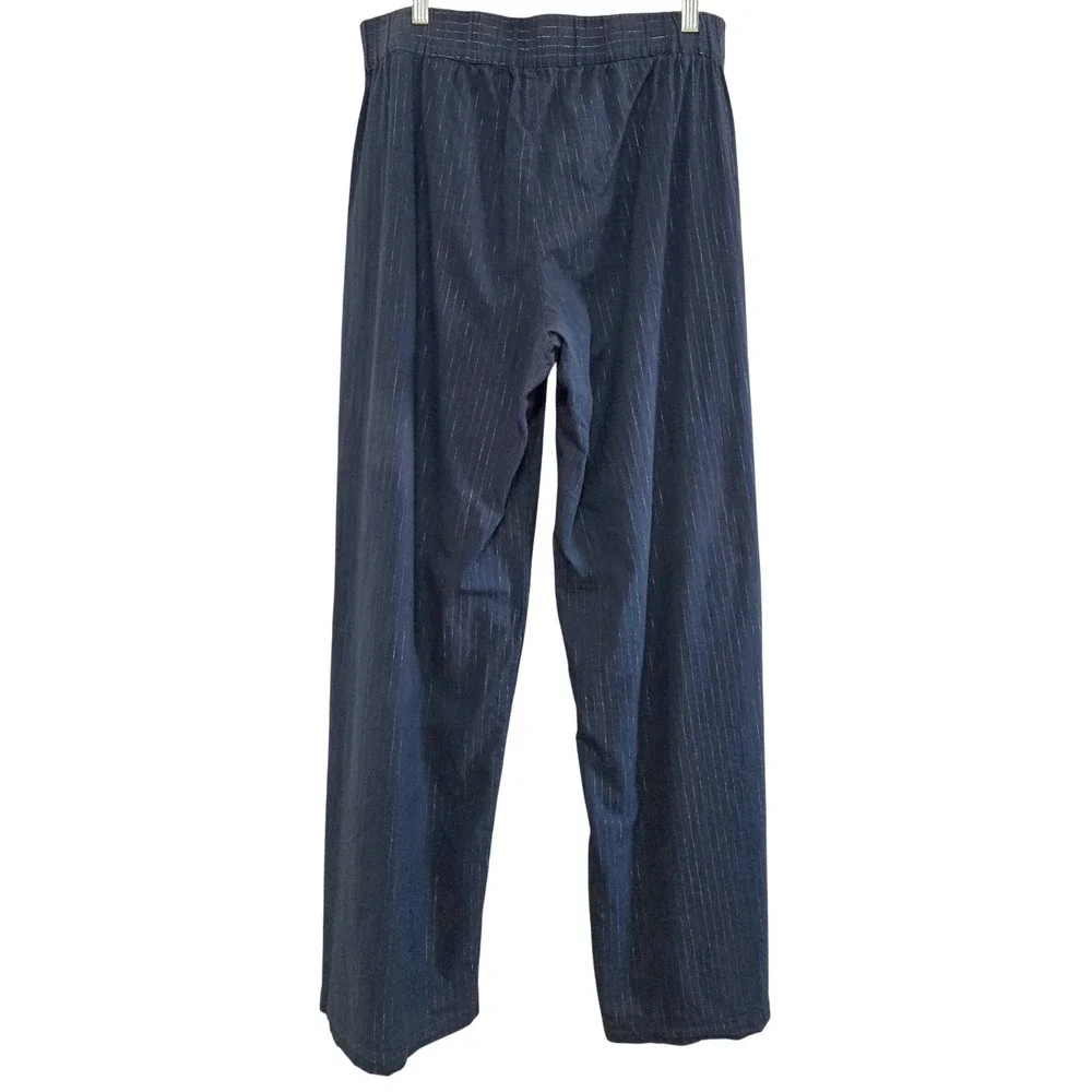 Left of Center Anthropologie Boho Navy Blue Metallic Pinstripe Wrap Tie Pants M